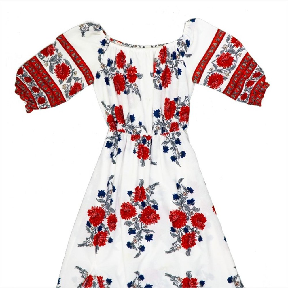 Beach Flower Pattern Sundress - Sheer White Floral Mid Sleeve - Red - M
